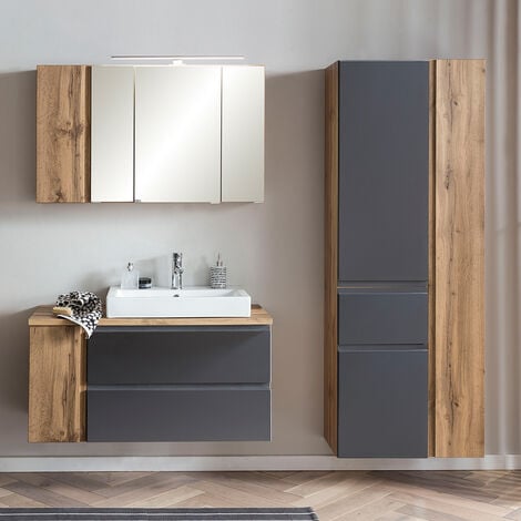 Badezimmer Möbel Set mit Waschbecken und LED Beleuchtung, Wotan Eiche Nb.  mit matt grau, VASTO-03-GREY
