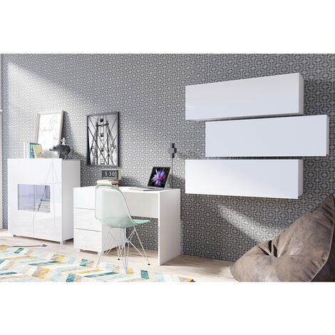 Büro Möbel Set mit LED Beleuchtung in weiß Hochglanz CAIRNS-132, B/H/T ca. 360/200/50 cm (1/5)