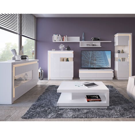 Wohnzimmer komplett Set, 7teilig, mit indirekter Beleuchtung in weiß