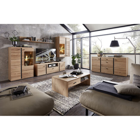 Wohnzimmer komplett Set mit Esche Massivholzfronten und Beleuchtung