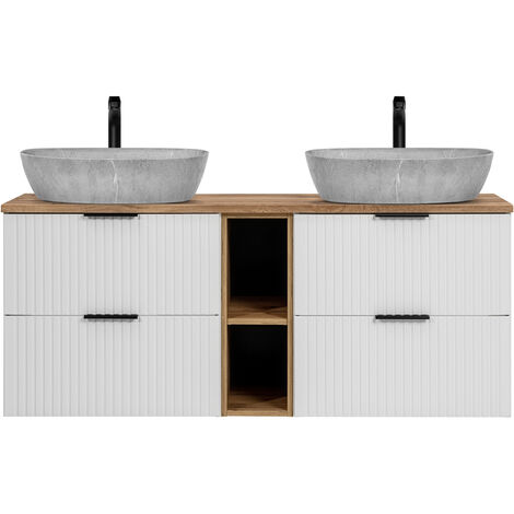 Waschtisch 140cm mit 2 Aufsatzbecken in Betonoptik, weiß mit Eiche Nb., Front gerillt, ADELAIDE-56-WHITE