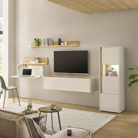 Wohnwand weiß mit Eiche CRISP-61 modern 4-teilig mit Homeoffice-Lösung (1/5)