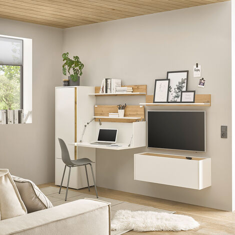 Wohnwand weiß mit Eiche CRISP-61 modern 5-teilig mit Homeoffice-Lösung (1/5)