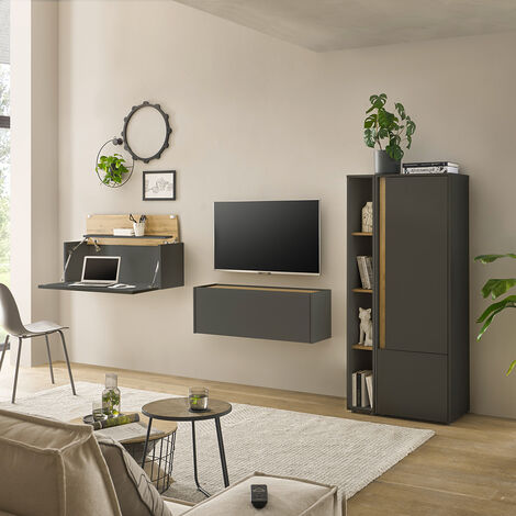 Wohnwand anthrazit mit Eiche CRISP-61 modern 4-teilig mit Homeoffice-Lösung (1/5)