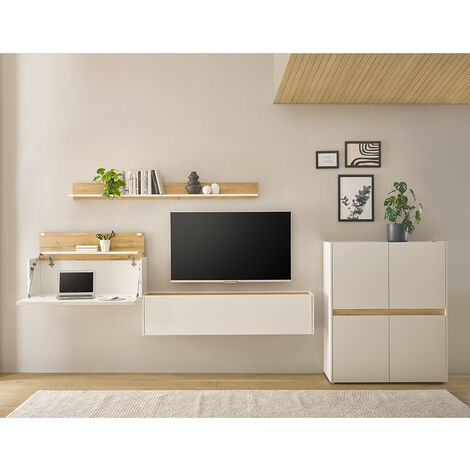 Wohnwand weiß mit Eiche CRISP-61 modern 4-teilig mit Homeoffice-Lösung (1/5)
