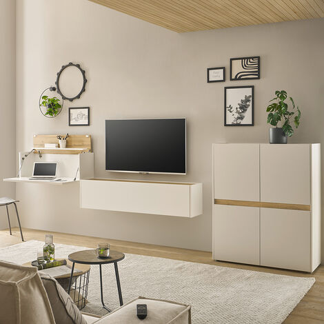 Wohnwand weiß mit Eiche CRISP-61 modern 3-teilig mit Homeoffice-Lösung (1/5)