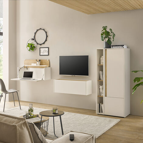 Wohnwand weiß mit Eiche CRISP-61 modern 4-teilig mit Homeoffice-Lösung (1/5)