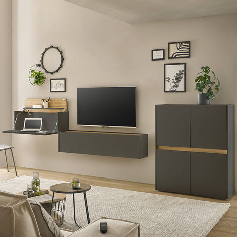 Wohnwand anthrazit mit Eiche CRISP-61 modern 3-teilig mit Homeoffice-Lösung (1/5)