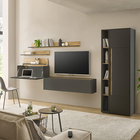 Wohnwand anthrazit mit Eiche CRISP-61 modern 6-teilig mit Homeoffice-Lösung (1/5)