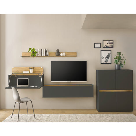 Wohnwand anthrazit mit Eiche CRISP-61 modern 4-teilig mit Homeoffice-Lösung (1/5)