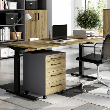 Büromöbel Set Schreibtisch mit Rollcontainer PRATO-01 in graphit mit Grandson Eiche Nb., B/H/T: ca. 160/80/80 cm (1/5)