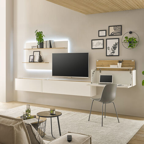 Wohnwand weiß mit Eiche CRISP-61 modern 4-teilig mit Homeoffice-Lösung (1/5)