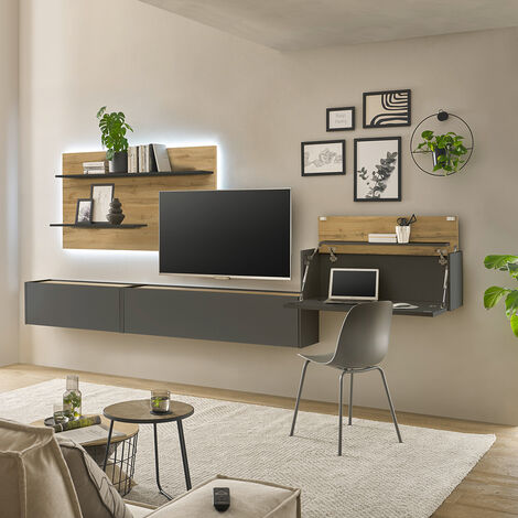 Wohnwand anthrazit mit Eiche CRISP-61 modern 4-teilig mit Homeoffice-Lösung (1/5)