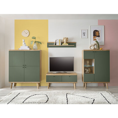 Anbauwand in Eiche mit grün AVEZZANO-61 Modern 4-teilig, inkl. Beleuchtung (1/5)
