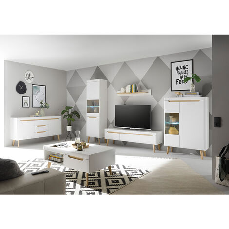 Wohnzimmer komplett Set in Weiß Matt mit Eiche STOCKTON61, 6teilig