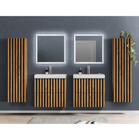 Badmöbel Komplett Set in Eiche Nb. mit Lamellenfronten LUCCA-107, 2x LED-Spiegel, 2x Hochschrank, 2x Waschtisch 60 cm , B/H/T: ca. 250/200/46 cm (1/5)