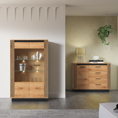 Wohnzimmermöbel Set 2-teilig inkl. Beleuchtung modern in Eiche mit schwarz URBANIA-131 (1/5)