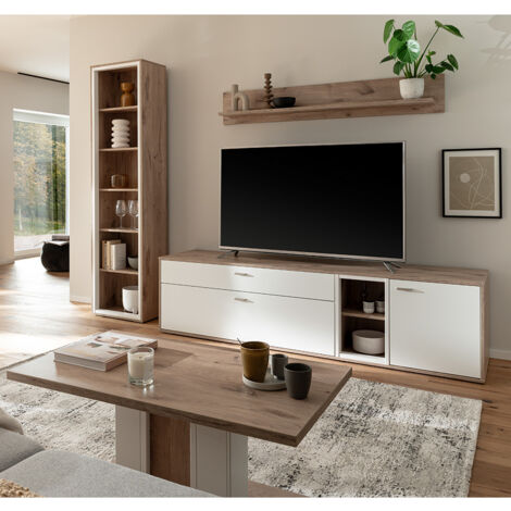 Wohnwand in Eiche und weiß modern mit Couchtisch, 4-teilig - SAGUNTO-05 (1/5)