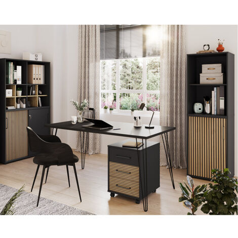 Büromöbel Set 4-teilig mit Schreibtisch, schwarz, Akustikpaneel-Optik HUNTSVILLE-80 (1/5)