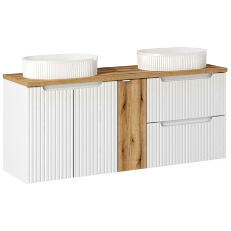 Doppelwaschtisch 140cm mit Keramikwaschbecken, weiß und Eiche, NEWPORT-56-WHITE (1/5)