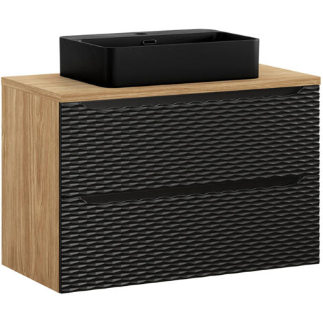 Waschtisch 90cm in Eiche mit schwarz, OLUO-56-BLACK, Front mit 3D-Struktur in Wellenoptik (1/5)