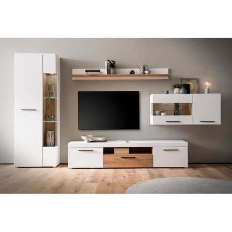 Wohnwand 4-teilig mit 205cm Lowboard weiß mit Eiche SUTTON-61 (1/5)