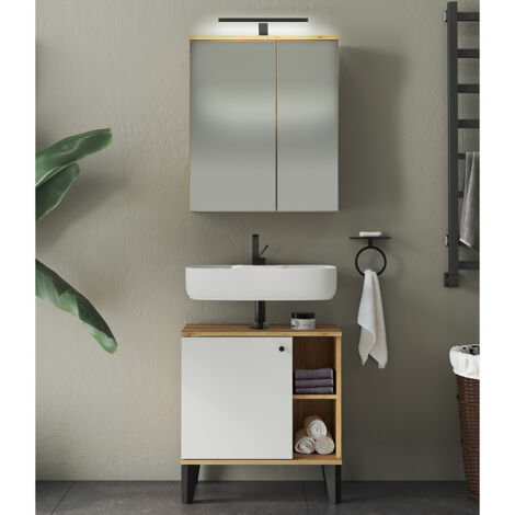 Waschplatz-Set 2-teilig mit Waschbeckenunterschrank 60 cm, LED-Spiegelschrank, in Eiche mit weiß OLEAN-61 (1/5)