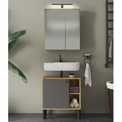 Waschplatz-Set 2-teilig mit Waschbeckenunterschrank 60 cm, LED-Spiegelschrank, in Eiche mit grau OLEAN-61 (1/5)