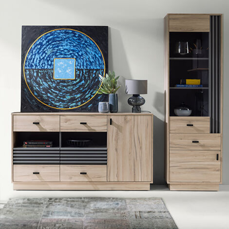 Wohnzimmermöbel-Set mit Sideboard & Vitrine in Eiche, modern 2-teilig ...