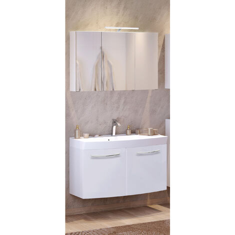 Waschtisch & Spiegelschrank Set FLORIDO-03 Hochglanz weiß, 100cm Waschtisch  mit 2 Türen, Spiegelschrank mit LED-Aufbauleuchte, B x H x T: ca. 100 x 200  x 47 cm