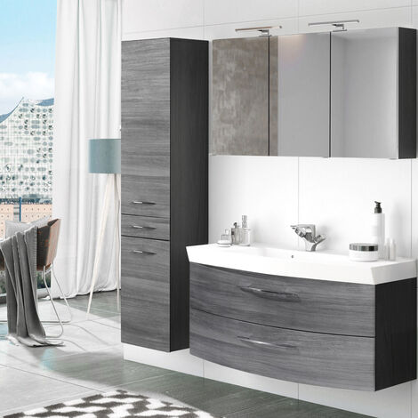 Badezimmer Waschplatz Set Eiche FLORIDO-03 Spiegelschrank H x B Rauchsilber, Waschtisch mit 120cm & graphitgrau