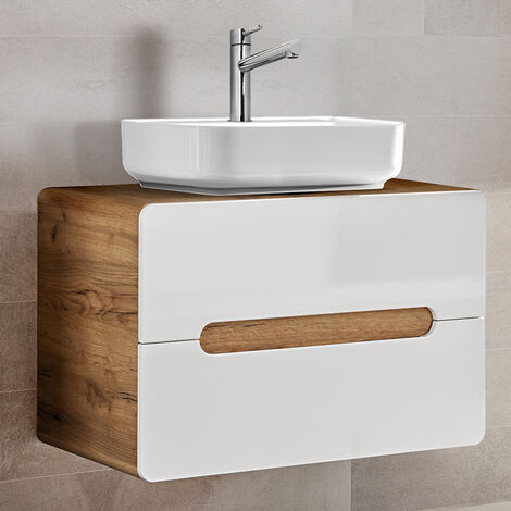 Waschtisch Set mit Keramik-Waschtisch LUTON-56 Hochglanz weiß mit Wotan Eiche Nb. B/H/T ca. 80/67/46 cm