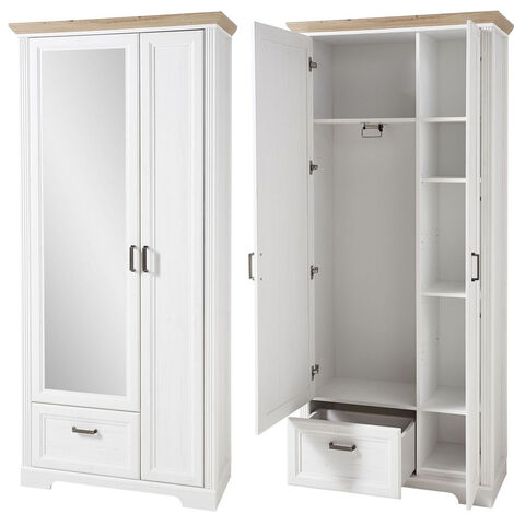Landhaus Garderobenschrank mit Spiegel JÜLICH-36 in Pinie weiß mit Artisan Eiche, B/H/T: 93/204/41 cm