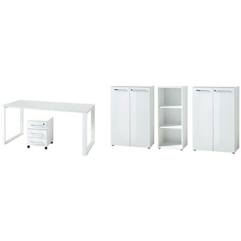 Büromöbel Set weiß mit Glasfronten MONTERO-01 Schreibtisch mit Container B x H x T ca.: 210 x 120 x 37 cm (1/5)