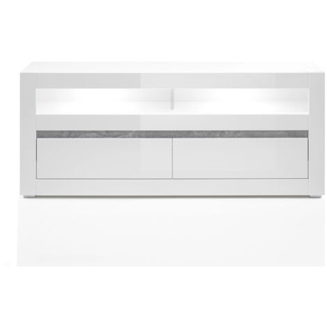 Modernes TV-Lowboard COGO-61 in weiß Hochglanz inkl. LED und Griffmulden in Betonoptik  BxHxT: 150x63x42cm (1/5)