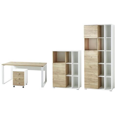 Büromöbel-Set GENT-01 Bücherschrank Aktenschränke in Navarra Eiche Nb. und weiß mit Schiebetüren BxHxT: 170x197x40cm (1/5)
