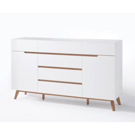 Sideboard weiß matt lackiert CERVERA-05 mit furniertem Massivholz in Asteiche geölt, B/H/T: ca. 169/101/40 cm