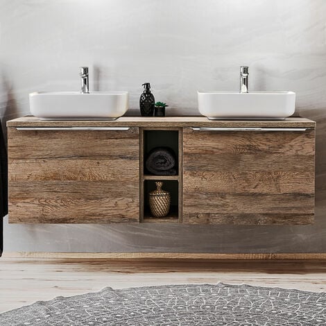 Badmöbel Komplett-Set in Vintage Oak Eiche PUEBLA-56 Doppel-Waschtisch mit 2 Keramik-Waschbecken, 2 LED-Spiegelschränke & Hochschrank  B/H/T 225/200/46 cm