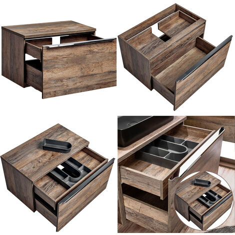 Badmöbel Komplett-Set in Vintage Oak Eiche PUEBLA-56 Doppel-Waschtisch mit 2 Keramik-Waschbecken, 2 LED-Spiegelschränke & Hochschrank  B/H/T 225/200/46 cm