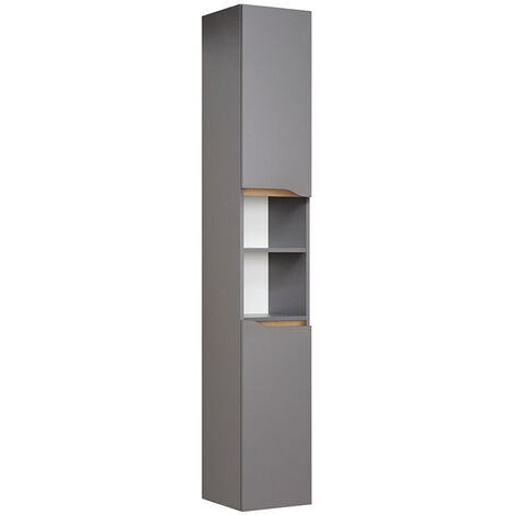 Bad Hochschrank QENA-66 in Quarzgrau Matt Touch mit Riviera Eiche quer Nb., B/H/T ca. 30/185,5/33 cm