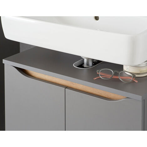 Bad Waschbeckenunterschrank QENA-66 in Quarzgrau Matt Touch mit Riviera Eiche quer Nb., B/H/T ca. 60/53/33 cm