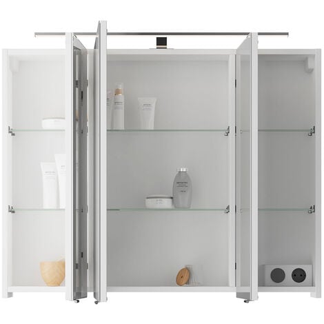 Bad Spiegelschrank mit 3D Funktion und LED Beleuchtung in weiß Glanz  VILLATORO-66, B/H/T