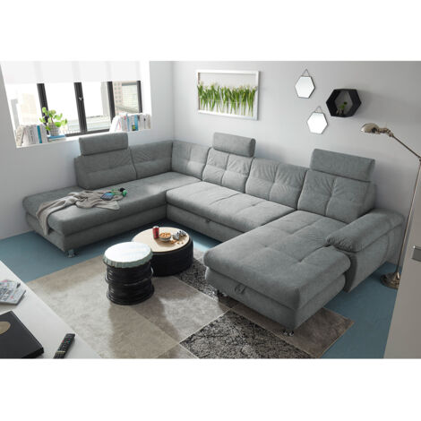 Wohnlandschaft mit Schlaffunktion und frei steckbaren Kopfstützen in Webstoff grau, U-Form mit Bettkasten links, Serie AUGUSTA-09 (1/5)