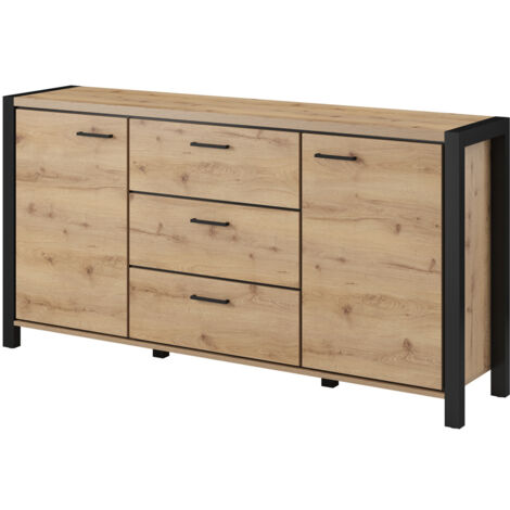 Kleines Wohnzimmer Sideboard ACCRA-83 in Taurus Eiche Nb. und schwarzem Gestell, B/H/T: ca. 180/91/41 cm (1/5)