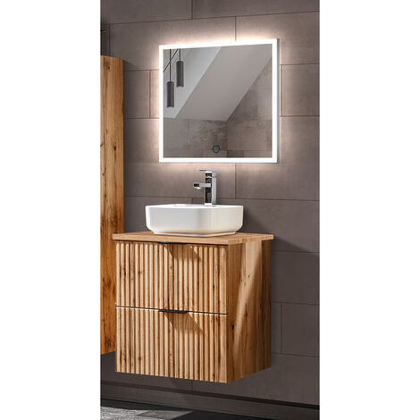 Badezimmermöbel Set Wotaneiche Rillenoptik ADELAIDE-56 LED-Spiegel & Waschtisch mit Keramikbecken, B/H/T 60,6/200/46,5 cm (1/5)