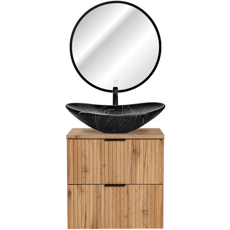 Badmöbel Set Wotaneiche Rillenoptik Keramik Waschtisch, LED-Spiegel schwarz mit Touch, B/H/T 61,5/200/46,5 cm (1/5)