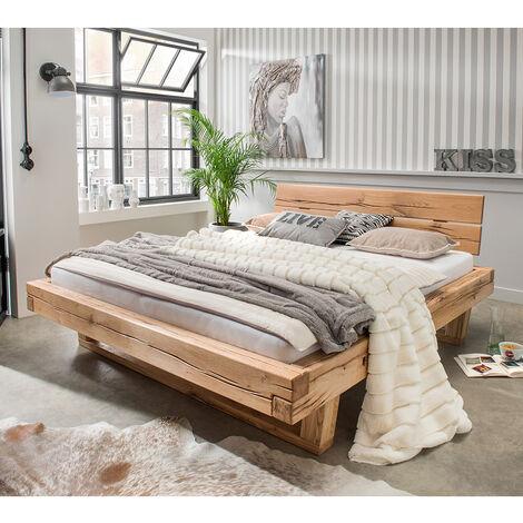 Massivholz Doppelbett, 140x200 cm, Eiche massiv, Holzkopfteil, Massivholzkufen, UPPSALA-137, B/H/T ca. 158/88/228 cm (1/4)