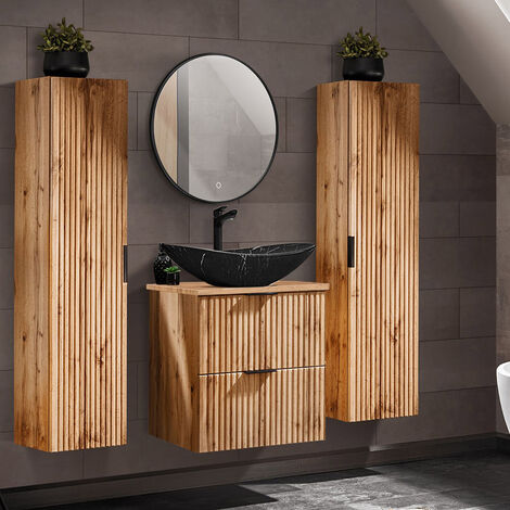 Badmöbel Set Wotaneiche mit Rillenoptik 60 cm Waschtisch-Unterschrank mit Keramik Waschbecken 2 Hochschränke LED-Spiegel