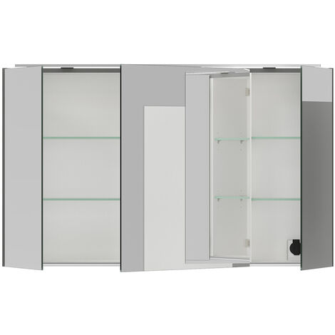 Badezimmer Spiegelschrank in Schiefergrau, Aufsatzleuchte 120cm LED B/H/T edelstahlfarben, mit PALERMO-136-GREY, breit