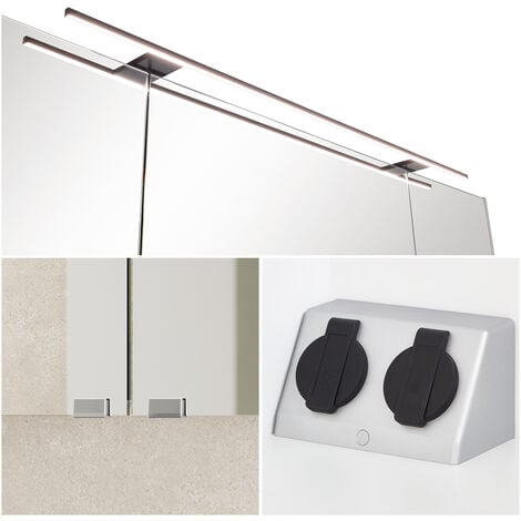 Badezimmer Spiegelschrank in Schiefergrau, LED Aufsatzleuchte B/H/T edelstahlfarben, breit, mit PALERMO-136-GREY, 120cm